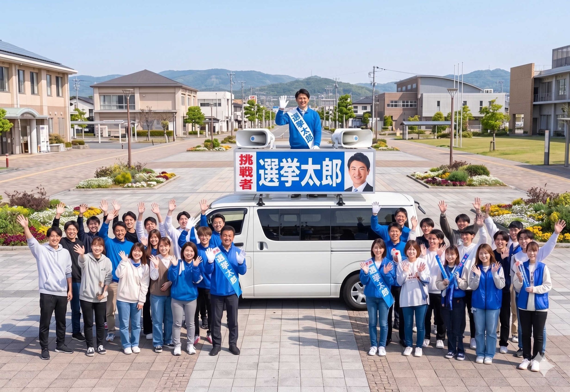 選挙カーと候補者・スタッフの集合写真